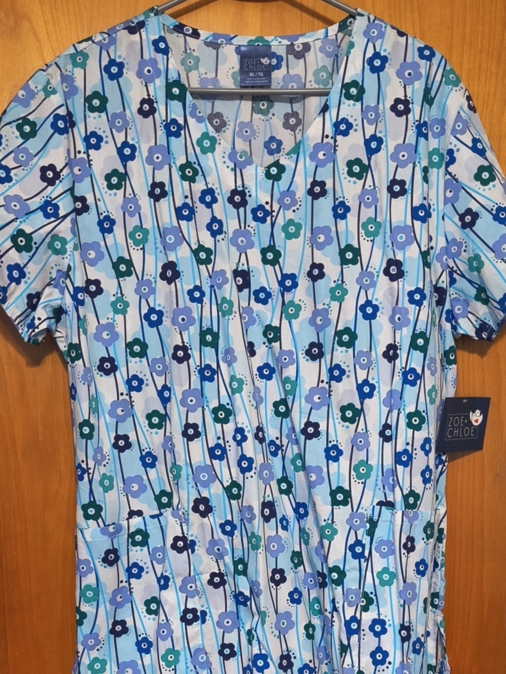 Blue Floral V-Neck Scrub Top